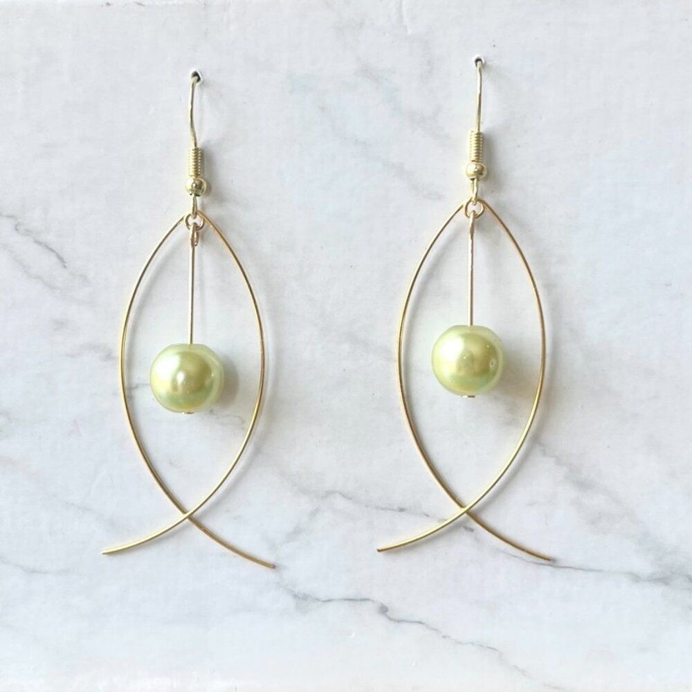 Gold Fish Earrings with Hanging Green Faux Pearl Bead